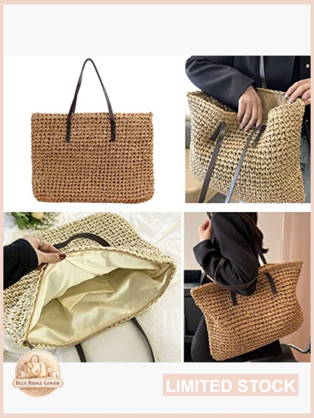 Large Straw Tote Bag Handwoven Summer Beach Shoulder Bag Zipper Closure Foldable - Picture 7 of 7